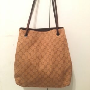 Auth Gucci GG Canvas Leather Shoulder Bag Tote
